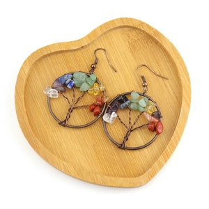 Handmade Tree of Life earrings with natural colorful crystals and antique bronze wire