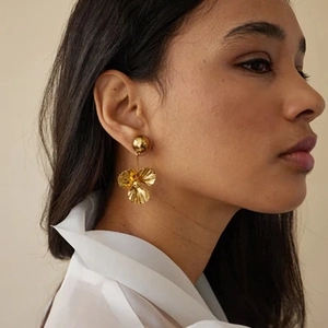 Flower Drop Earrings 18K Gold Plated Stainless Steel With Zircon Three Petal Design Ball Post Retro Elegant Style For Women