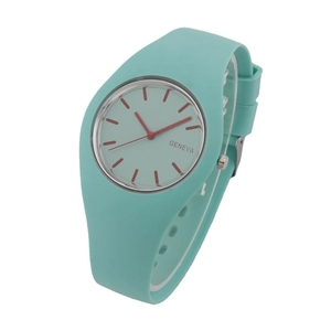 Minimalist mint green silicone quartz watch for women with red contrast markers and hands