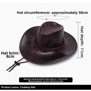 Detailed size specifications for dark brown cowboy hat with leaf embossing and vent holes