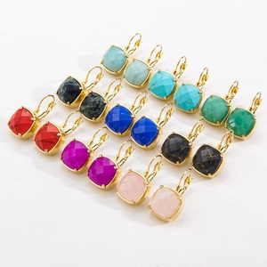 Set of eight pairs of 14K gold plated stainless steel lever-back earrings with colorful stones