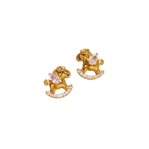 Gold-plated rocking horse stud earrings with pink drop-shaped zircon and white stones