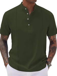 Detail of dark green men's casual polo shirt featuring a stand-up collar and button placket