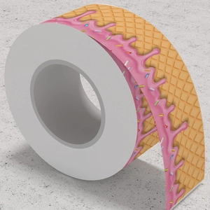 Close-up of decorative border sticker tape with pink melting cream and waffle pattern