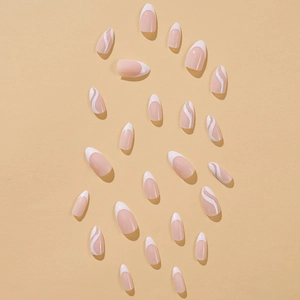 Almond French press-on nails with white wave patterns and silver glitter on pink base