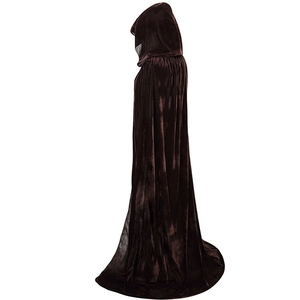 Detail of long hooded velvet cloak in dark brown with elegant draping and glossy texture