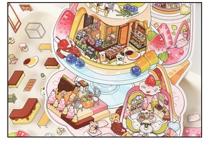 Detailed close-up of 2.5D dessert themed stickers featuring colorful pastry shop illustrations