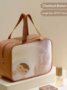 Chestnut brown waterproof makeup bag with cartoon toast print and clear window design
