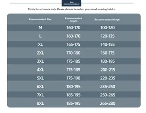 Size chart for men jacket from M to 8XL with height and weight recommendations