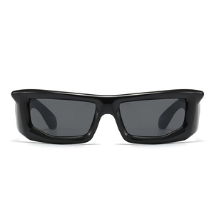 Front view of punk hip hop square sunglasses with thick black frames and dark lenses