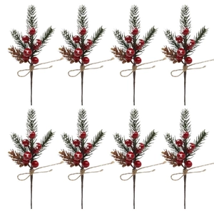 Set of 8 artificial Christmas picks with red berries, pine cones and snowy pine needles