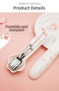 Close-up of portable 304 stainless steel cutlery set with cute pink cat paw handle detail