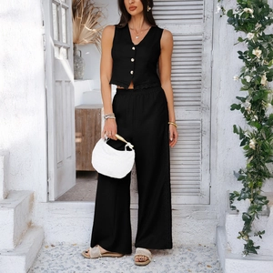 Women's black linen waistcoat and wide-leg trousers two-piece set for summer vacation wear