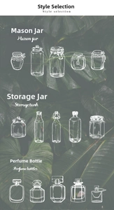 White line art of mason jars and perfume bottles on a green botanical background