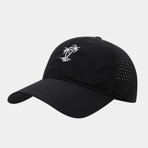 Close-up of black breathable mesh baseball cap with white palm tree embroidery