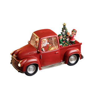 Camion de Noël vintage rouge avec Père Noël, lutins et lumières LED sur fond blanc