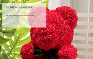 Detail of red foam rose bear gift with decorative black ribbon for Valentine decoration