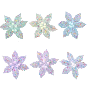 Set of 6 Macaron Christmas glitter star flowers in pink blue purple and green