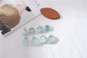 Set of 8 natural green raw gemstone pendants with gold plated edges for DIY jewelry