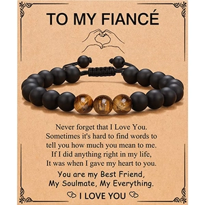Tiger eye and matte bead bracelet displayed on an English emotional gift card for fiancé