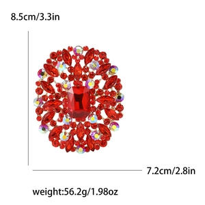 Elegant red crystal glass brooch in gold alloy with size and weight measurements