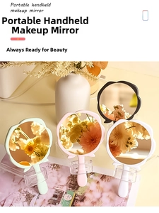 Macro view of portable rose-shaped hand mirrors in mint, pink, white, and black colors