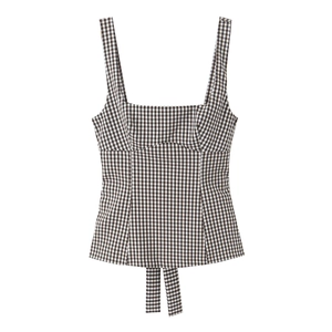 Gingham Tank Top Women Polyester Square Neck Wide Straps Back Bow Tie Side Zipper Sweet Elegant Sleeveless Camisole