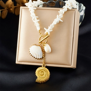 Starfish Beaded Necklace Stainless Steel Gold Plated Shell Conch Pendant OT Buckle Bohemian Summer Jewelry For Women