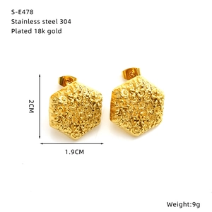 Detail showing 18k gold plated stainless steel hexagonal earrings with floral texture