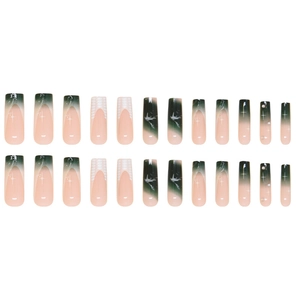 Dark green gradient press-on nails in long coffin shape with star art and 3D honeycomb texture