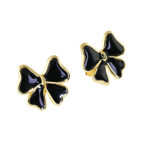 Elegant black bow earrings with gold plating on a clean white background