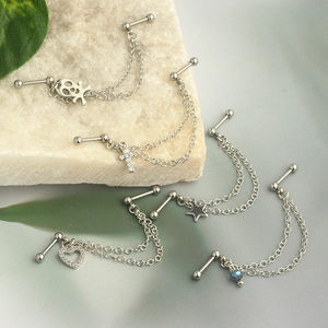 Set of 5 stainless steel industrial barbells with chain moon heart and cross pendants
