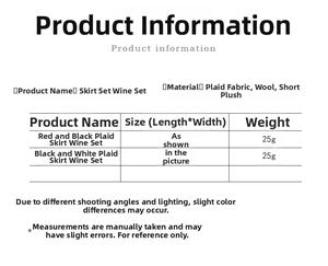 Detailed size chart for Christmas plaid skirt wine bottle covers in red and black colors