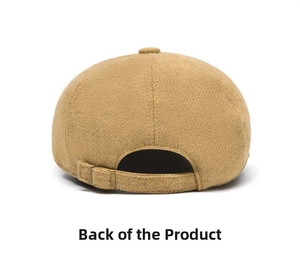 Detail of wool blend beret back view showing adjustable bronze buckle and thick fabric