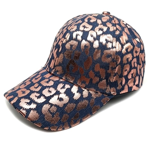 Stylish denim baseball cap featuring metallic leopard print in deep blue and rose gold