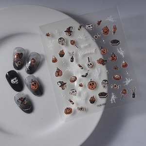 3D geprägte Halloween Nagelaufkleber mit Kürbissen und Totenköpfen in edlem Golddesign