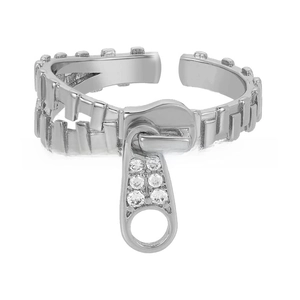Detail of silver-plated zipper ring featuring six micro-pave sparkling cubic zirconia stones