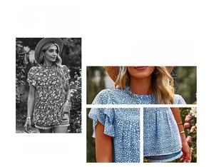 Detail of blue floral print top featuring ruffle sleeves and pleated round neckline