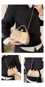 Detailed views of champagne gold sequined evening clutch bag with pearl clasp and chain