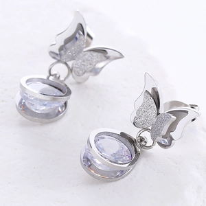 Elegant silver butterfly earrings with frosted texture and sparkling zircon crystals
