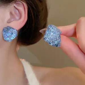 Irregular Resin Stud Earrings With 925 Sterling Silver Earring Post Blue Ore Texture Glitter Elegant French Style Jewelry For Women