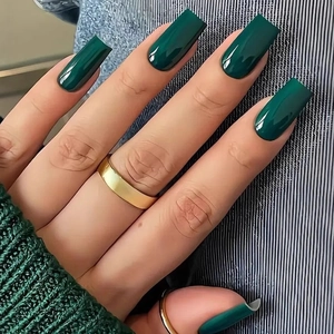 Glossy Press On Nails Long Square Dark Green Elegant Minimalist Fake Nails For Women Girls