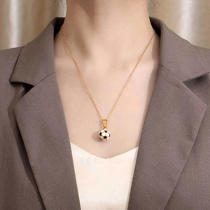 Golden titanium steel cross chain necklace with a black and white football pendant