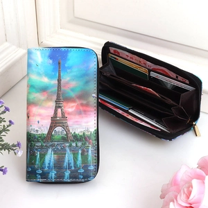 Eiffel Tower print PU leather long wallet with multi-card slots and zippered pouch