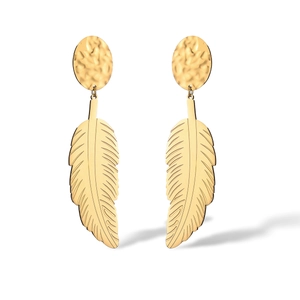 Macro detail of gold-plated leaf drop earrings featuring leaf veins and hammered texture