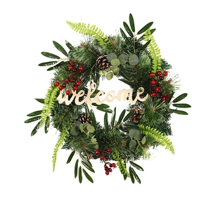 Christmas olive branch and pine needle wreath with wooden welcome sign for door decor