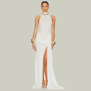 Women Sleeveless High Neck Maxi Dress Sexy High Slit Ruched Slim Fit Evening Long Gown Polyester Milk Satin