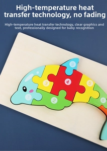 Macro detail of a 3D dolphin wooden puzzle with numbered colorful blocks for kids