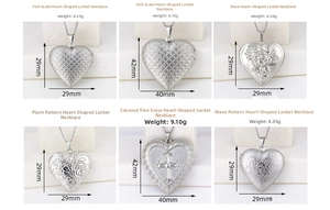 Detailed view of heart locket pendants with varied embossed patterns and size dimensions