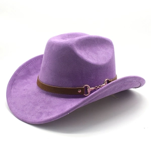 Detail of purple faux suede cowboy hat featuring rose gold horsebit buckle and chain strap
